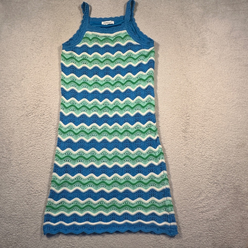 Freshman Knit Crochet Mini Dress Womens M Blue Green Zigzag Pointelle Coastal XS